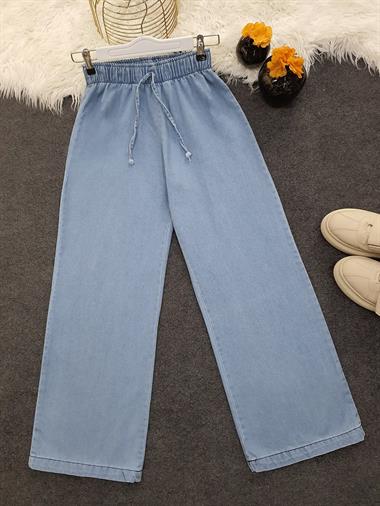 Bol Paça Beli Lastikli Bağcık Detaylı Kot Pantolon -Açık Mavi