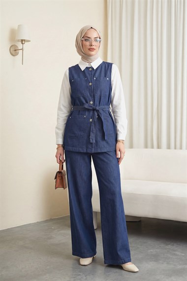 Bol Paça Pantolonlu Cepli Düğmeli Yelekli Kot Takım -İndigo
