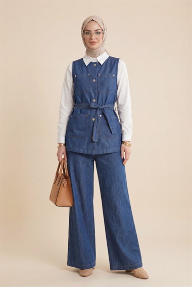 Bol Paça Pantolonlu Cepli Düğmeli Yelekli Kot Takım -İndigo