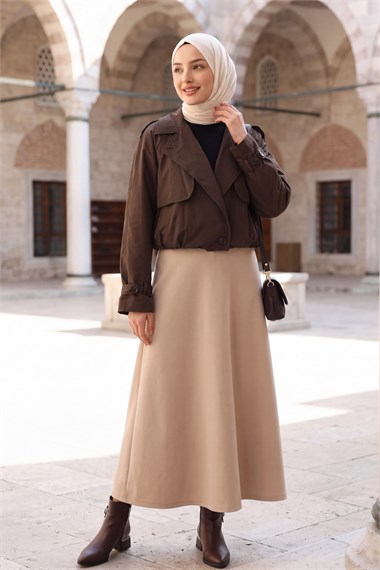 Bolero Detaylı Beli Lastikli Crop Ceket -Koyu Kahverengi