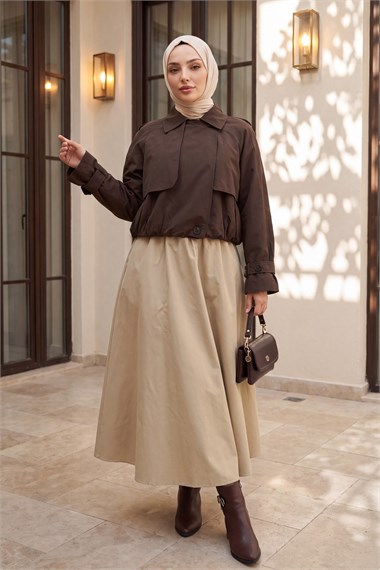 Bolero Detaylı Beli Lastikli Crop Ceket -Koyu Kahverengi