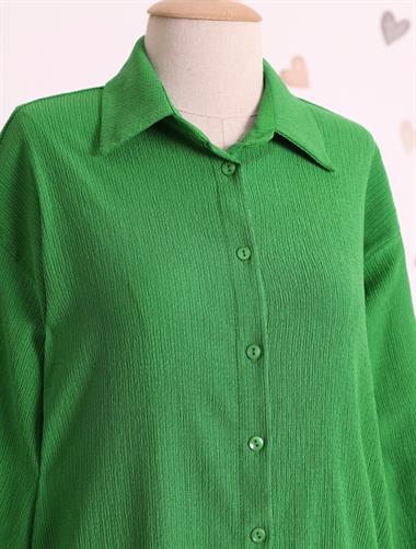 Boydan Düğmeli Arkası Uzun Krinkıl Gömlek Tunik -Yeşil