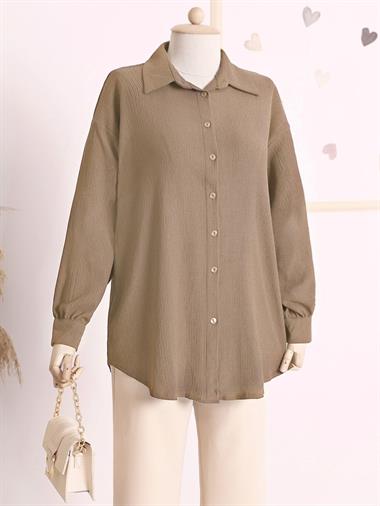 Boydan Düğmeli Arkası Uzun Krinkıl Gömlek Tunik -Vizon