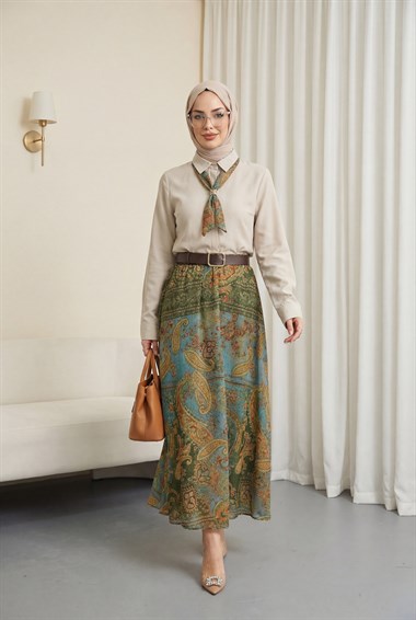 Boydan Düğmeli Kapalı Pat Eteği Etnik Desenli Takım -Bej