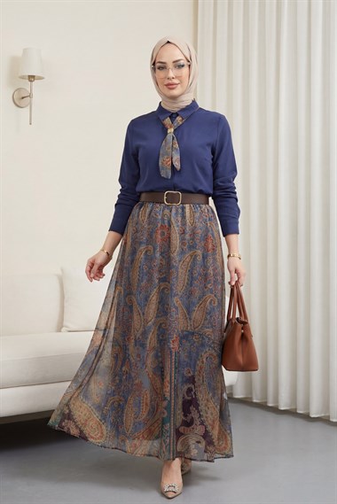 Boydan Düğmeli Kapalı Pat Eteği Etnik Desenli Takım -Laci