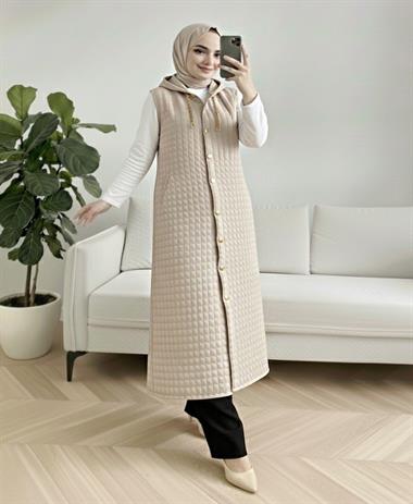 Boydan Düğmeli Kapşonlu Cepli Kapitone Uzun Yelek  -Taş