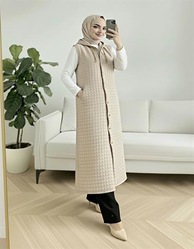 Boydan Düğmeli Kapşonlu Cepli Kapitone Uzun Yelek  -Taş