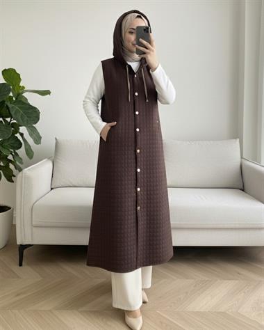 Boydan Düğmeli Kapşonlu Cepli Kapitone Uzun Yelek  -K. Kahve