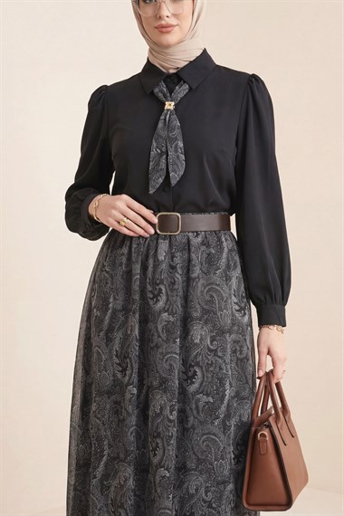 Boydan Düğmeli Kolları Büzgü Detay Eteği Etnik Desenli Takım -Siyah