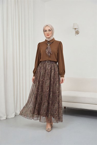 Boydan Düğmeli Kolları Büzgü Detay Eteği Etnik Desenli Takım  -Kahve