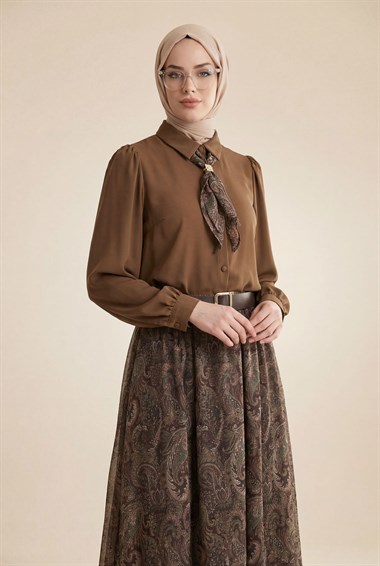 Boydan Düğmeli Kolları Büzgü Detay Eteği Etnik Desenli Takım  -Kahve