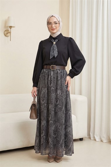 Boydan Düğmeli Kolları Büzgü Detay Eteği Etnik Desenli Takım -Siyah