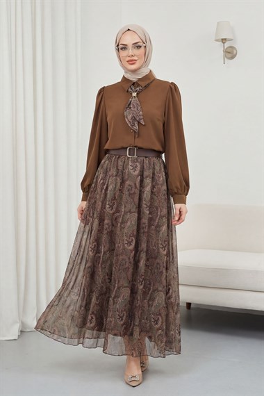Boydan Düğmeli Kolları Büzgü Detay Eteği Etnik Desenli Takım  -Kahve