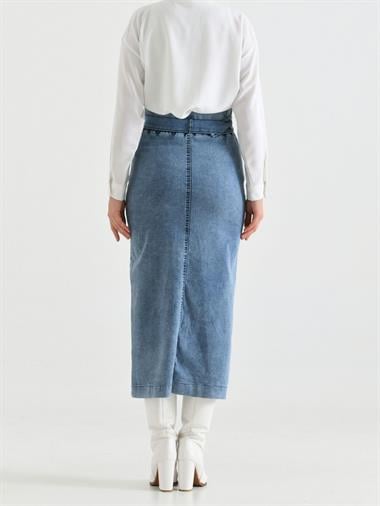 Boydan Düğmeli Tokalı Kot Etek    -Açık Gri