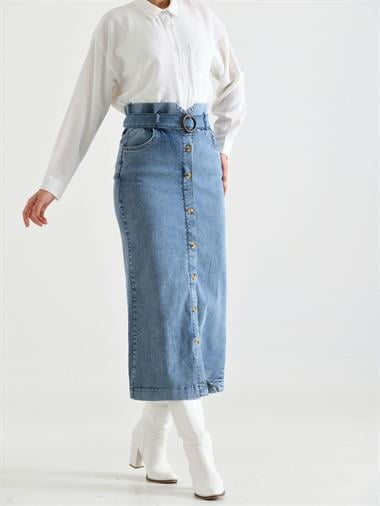 Boydan Düğmeli Tokalı Kot Etek    -Açık Gri