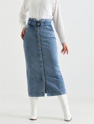 Boydan Düğmeli Tokalı Kot Etek    -Açık Gri