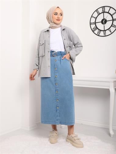 تنورة جينز بإبزيم بأزرار - أزرق