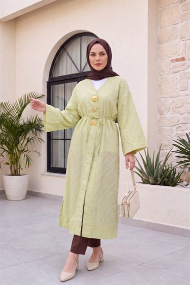 Broş Detaylı Yanları Yırtmaçlı Kabartma Puantiye Desenli Jakarlı Kimono -Çağla Yeşili