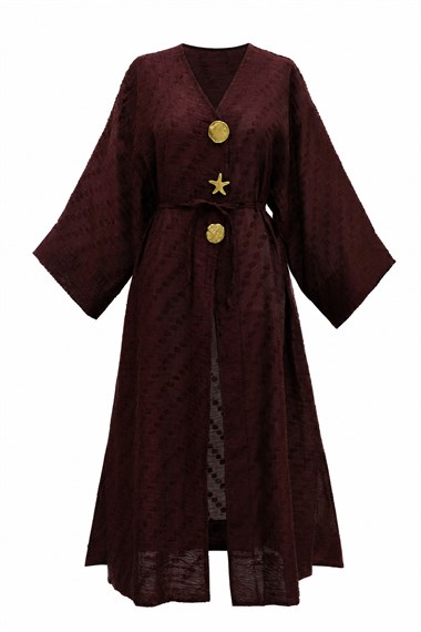 Broş Detaylı Yanları Yırtmaçlı Kabartma Puantiye Desenli Jakarlı Kimono -Bordo