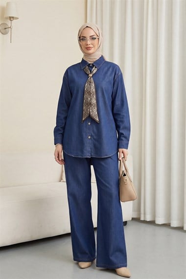 Broşlu Kemerli Taşlı Düğmeli Pantolonlu Tensel Kot Takım  -Laci