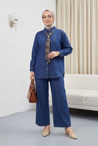 Broşlu Kemerli Taşlı Düğmeli Pantolonlu Tensel Kot Takım  -İndigo
