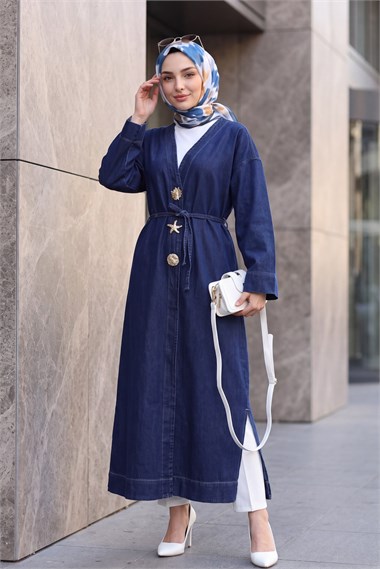 Büyük Broş Detaylı Kemerli Yırtmaçlı Uzun Kot Kimono -Lacivert