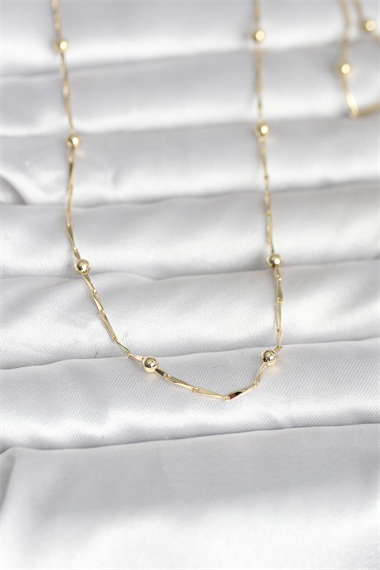 CM 14K Gold Renk Kesme Çubuk Zincir Topçuklu Model 60 cm Kadın Kolye