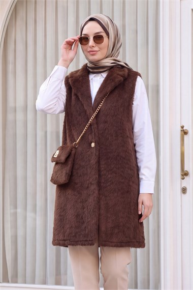 Çanta Aksesuarlı Maxmara Kumaş Araboy Yelek  -Koyu Kahverengi