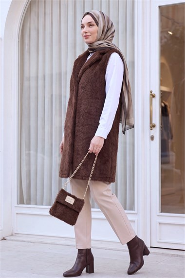 Çanta Aksesuarlı Maxmara Kumaş Araboy Yelek  -Koyu Kahverengi