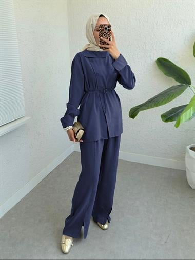 Çapraz Düğmeli Beli Bağcıklı Pantolonlu Takım  -Laci