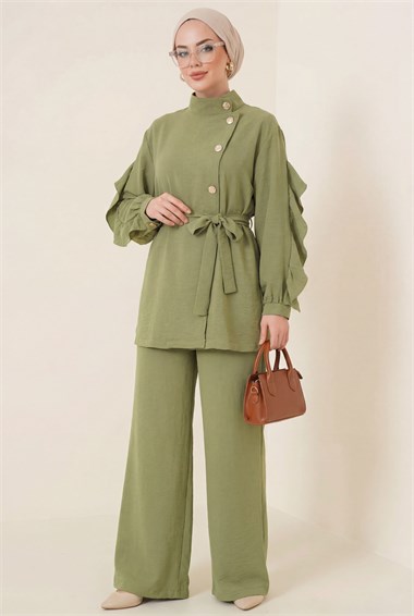 Womens Crossbody Button-Front Belted Ruffle-Detail Cupro Set -Almond Green Y. - Almond Green