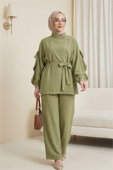 Womens Crossbody Button-Front Belted Ruffle-Detail Cupro Set -Almond Green Y. - Almond Green