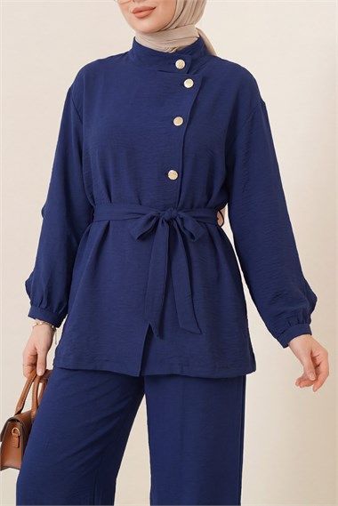 Womens Crossbody Button-Front Belted Ruffle-Detail Cupro Set - Navy