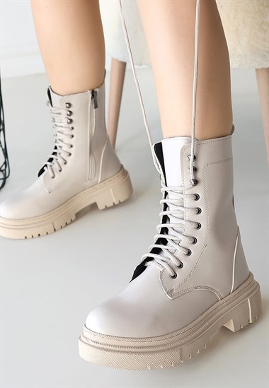 Caxa Cilt Bağcıklı Bot -Bej