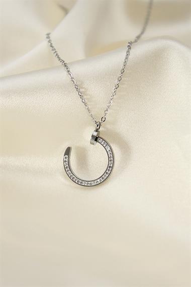 Çelik Silver Renk Zirkon Taşlı Çivi Model Kadın Kolye