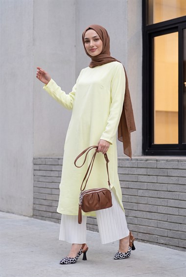 Cepli Yanları Yırtmaçlı Uzun Rayon Tunik  -Açık Sarı