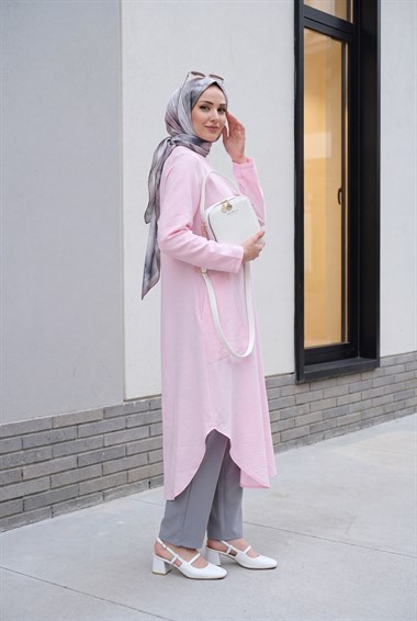 Cepli Yanları Yırtmaçlı Uzun Rayon Tunik  -Pudra
