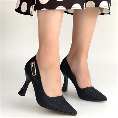 Cerin Saten Simli Topuklu Ayakkabı -Siyah