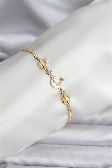 Charmlı Model Zirkon Taşlı Gold Renk Su Yolu Kadın Bileklik