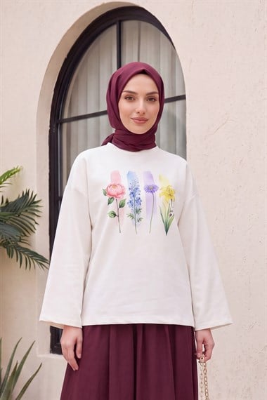 Çiçek Baskılı Bisiklet Yaka Oversize 2 İplik Penye Sweatshirt -Ekru