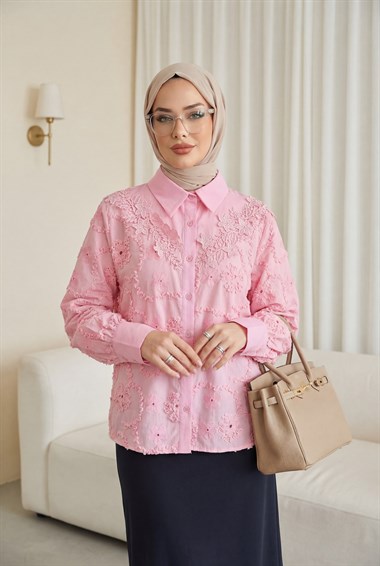 Çiçek Nakışlı Fistolu Düğmeli Mira Gömlek -Pembe
