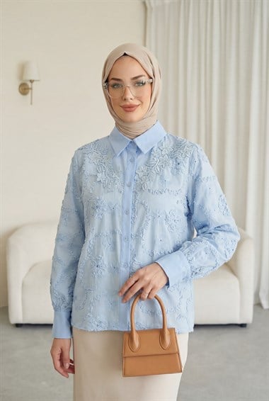 Çiçek Nakışlı Fistolu Düğmeli Mira Gömlek -Bebe Mavi