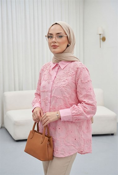 Çiçek Nakışlı Fistolu Düğmeli Mira Gömlek -Pembe