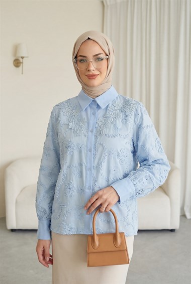 Çiçek Nakışlı Fistolu Düğmeli Mira Gömlek -Bebe Mavi