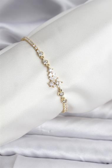Çiçekli Model Zirkon Taşlı Gold Renk Su Yolu Kadın Bileklik