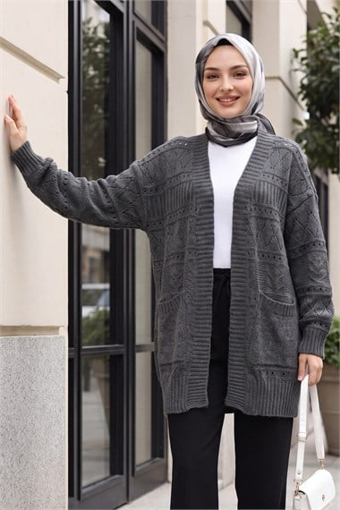 Çift Cepli Ajurlu Önü Açık Triko Hırka -Füme