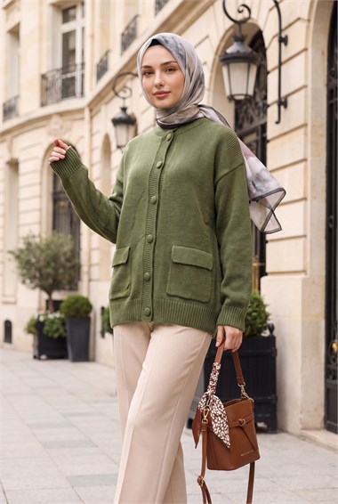 Womens Two-Pocket Mock-Neck Button-Front Relaxed Knit Cardigan - Khaki