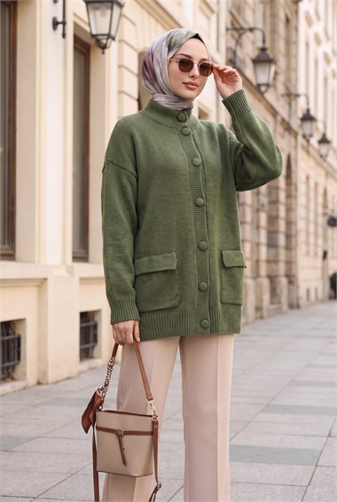 Womens Two-Pocket Mock-Neck Button-Front Relaxed Knit Cardigan - Khaki