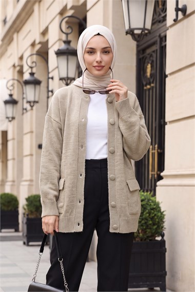 Womens Two-Pocket Mock-Neck Button-Front Relaxed Knit Cardigan - Mink