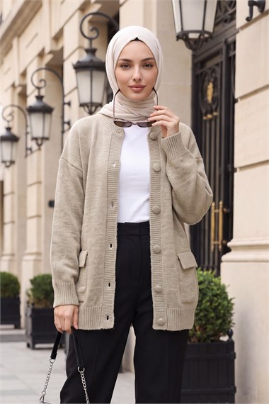 Womens Two-Pocket Mock-Neck Button-Front Relaxed Knit Cardigan - Mink